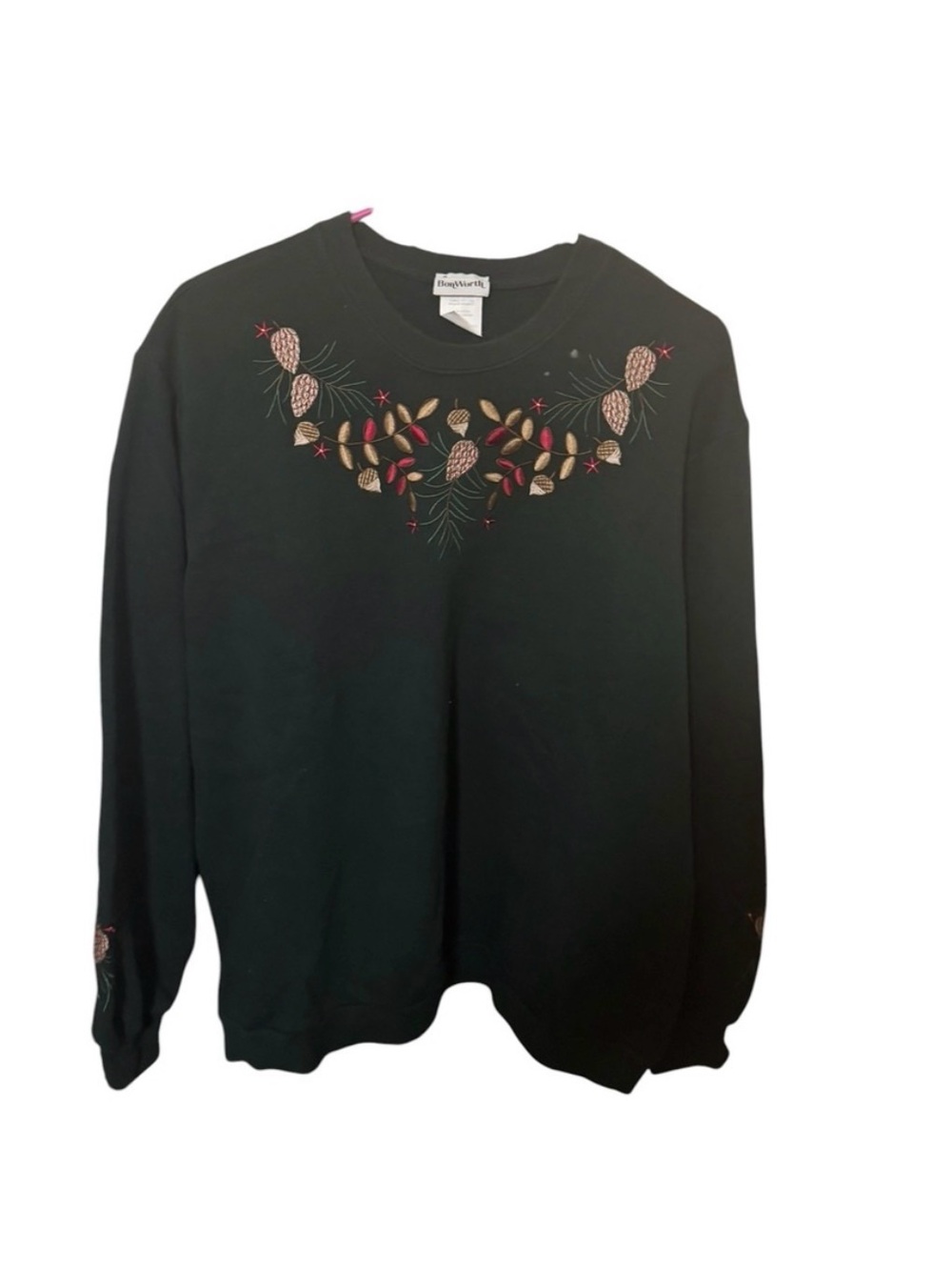 BonWorth Dark Green Embroidered Pinecone/Acorn Sweatshirt Size Medium